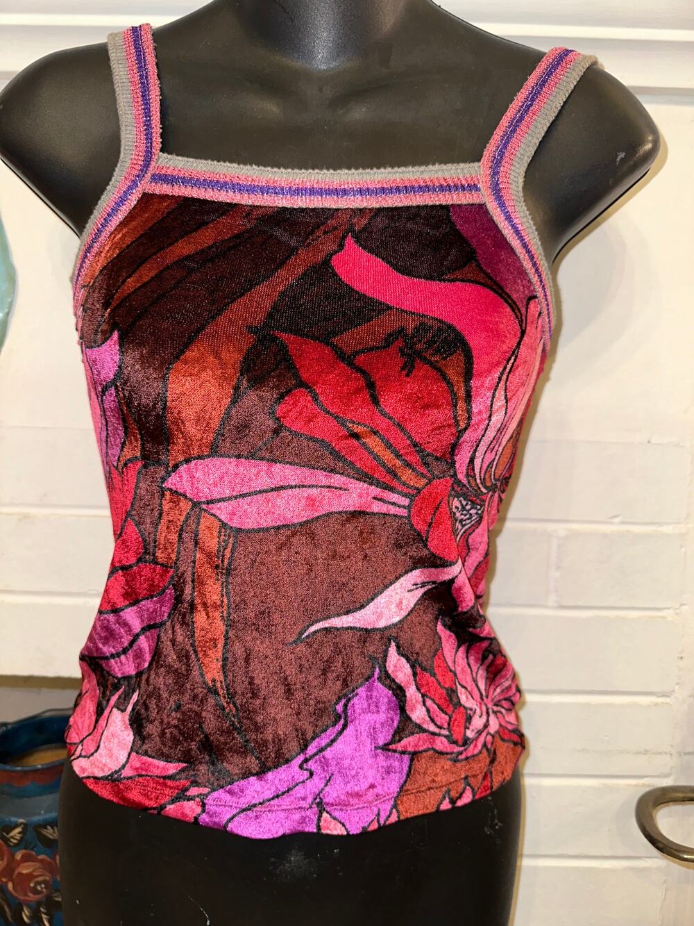 VINTAGE ESTATE LUXE DESIGNER VELOUR PRINT TANK TOP KNIT TRIM XS